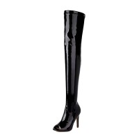Peep Toe Stiletto Heels Thigh Thigh Over The Knee Boots - Black Patent