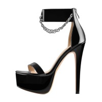 Peep Toe Stiletto Heels Ankle Buckle Straps Punk Chains Back Zipper Platforms Sandals - Black