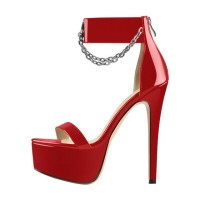 Peep Toe Stiletto Heels Ankle Buckle Straps Punk Chains Back Zipper Platforms Sandals - Red