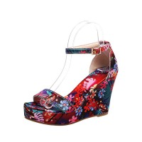 Platform Peep Toe Flowers Wedge Ankle Strap Sandals  - Red