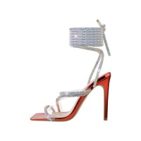 Stiletto Heels Crystal Gladiator Strap Square Toe PVC Sandals - Red