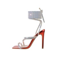 Stiletto Heels Crystal Gladiator Strap Square Toe PVC Sandals - Red