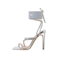 Stiletto Heels Crystal Gladiator Strap Square Toe PVC Sandals - Silver