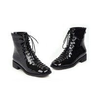 Round Toe LaceUp Vintage Punk Rock Crosstied Patent Boots - Black
