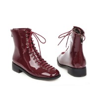 Round Toe LaceUp Vintage Punk Rock Crosstied Patent Boots - Wine Red