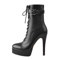 Round Toe Stiletto Heels Lace Up Side Zipper Platforms Ankle Highs Buckle Straps Boots - Black