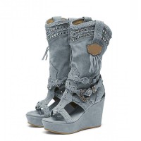 Peep Toe Wedges Ankle High Western Retro Cowboy Boots - Blue Flock