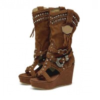 Peep Toe Wedges Ankle High Western Retro Cowboy Boots - Brown Flock
