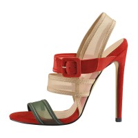 Peep Toe Stiletto Heels Ankle Buckle Straps Slingback Transparent Flock Sandals  - Red