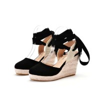 Slope Round Toe Ankle LaceUp Wedges Heels Platforms Sandals - Black