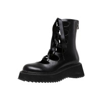 Round Toe Platforms Ribbon Lace Up Boots with Back Zipper - Black