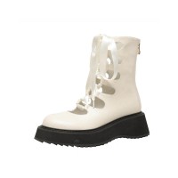 Round Toe Platforms Ribbon Lace Up Boots with Back Zipper - White