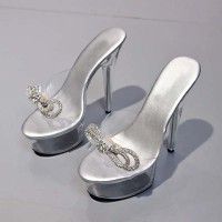 Peep Toe Stiletto Heels Transparent Platform Rhinestones Bow Sandals - Silver PVC