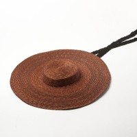 Flat Visor Straw Brim Long Ribbon Summer Beach Casual Hat - Auburn