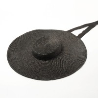 Flat Visor Straw Brim Long Ribbon Summer Beach Casual Hat - Black