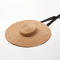 Flat Visor Straw Brim Long Ribbon Summer Beach Casual Hat - Lotus Khaki