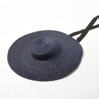 Flat Visor Straw Brim Long Ribbon Summer Beach Casual Hat - Navy