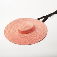 Flat Visor Straw Brim Long Ribbon Summer Beach Casual Hat - Pink