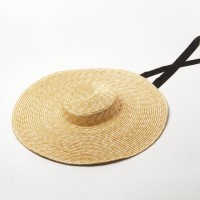 Flat Visor Straw Brim Long Ribbon Summer Beach Casual Hat - Beige