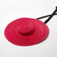 Flat Visor Straw Brim Long Ribbon Summer Beach Casual Hat - Red
