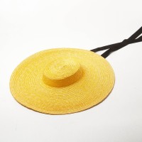 Flat Visor Straw Brim Long Ribbon Summer Beach Casual Hat - Yellow