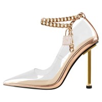 Pointed Toe Stiletto Heels Transparent Ankle Chain Straps Pumps - Gold PVC