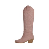 Block Heel Knee High Pointed Toe Western Cowboy Pull On Cowgirl Booties - Pink