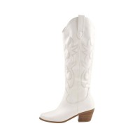 Block Heel Knee High Pointed Toe Western Cowboy Pull On Cowgirl Booties - White