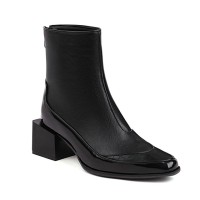 Pointed Toe Chic Medium Wooden Block Heels Ankle High Autumn Boots - Black