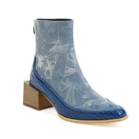 Pointed Toe Chic Medium Wooden Block Heels Ankle High Autumn Boots - Blue