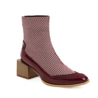 Pointed Toe Chic Medium Wooden Block Heels Ankle High Autumn Boots - Red