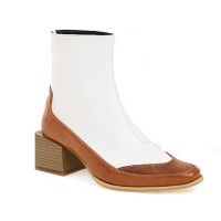 Pointed Toe Chic Medium Wooden Block Heels Ankle High Autumn Boots - White