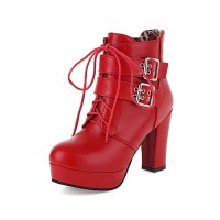 Round Toe Cuban Heels Ankle Buckle Straps Lace Up Boots with Back Zipper - Red