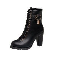 Round Toe Chunky Heels Side Zipper LaceUp Decorated Straps Winter Boots - Black