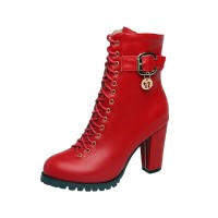 Round Toe Chunky Heels Side Zipper LaceUp Decorated Straps Winter Boots - Red