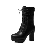 Round Toe Chunky Square Heels Ankle Lace Up Lolita Boots with Side Zipper - Black