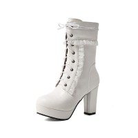 Round Toe Chunky Square Heels Ankle Lace Up Lolita Boots with Side Zipper - White