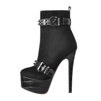 Round Toe Stiletto Heels Side Zipper Platforms Ankle Highs Rivet Decorated Buckle Straps Punk Rock Booties - Black