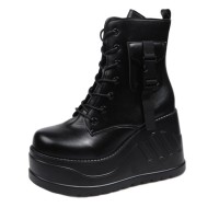 Round Toe Platforms Side Zipper with Small Pocket Wedges Lace Up Sports Boots - Black