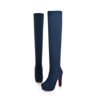Over The Knee High Platform Flock Matt Winter Booties - Blue
