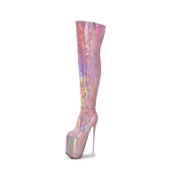 Round Toe Stiletto Heels Platforms Over the Knee High Sexy Fetish Boots with Zipper - Pink