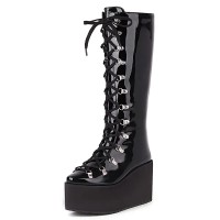 Pointed Toe Knee Highs Lace Up Platforms Wedges Gothic Punk Boots - Black