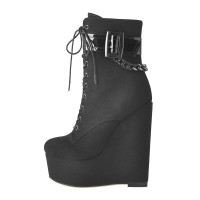 Round Toe Side Zipper Lace Up Platforms Ankle Highs Buckle Straps Punk Wedges Boots - Black