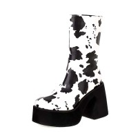 Round Toe Chunky Heels Side Zipper Cow Pattern Ankle Highs Platforms Boots - White Black Faux Leather