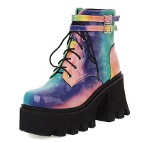 Round Toe Chunky Heels Lace Up Ankle Buckle Straps Zipper Platforms Boots - Blue