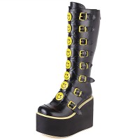 Round Toe Knee Highs Platforms Buckle Straps Smile Wedges Boots - Black
