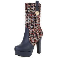 Round Toe Spike Heels Platforms Tweed Fabric Knee Highs Zipper Booties - Blue