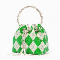 Chain Metal Ring Handle Rhinestones Bucket Purse Bags - Green Plaid