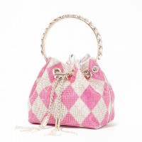 Chain Metal Ring Handle Rhinestones Bucket Purse Bags - Pink Plaid