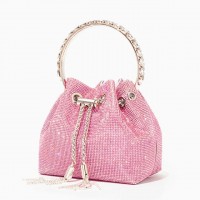 Chain Metal Ring Handle Rhinestones Bucket Purse Bags - Pink